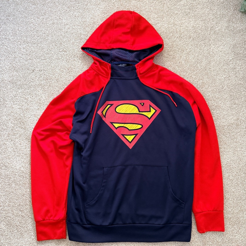 Superman Hoodie Mens Medium Blue Red DC Comics Shield Logo Performance Pullover